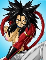 1girls big_breasts black_gauntlets black_hair black_lips black_lipstick blue_collar breast_out breasts breasts_out covered_nipples dragon_ball dragon_ball_xenoverse earrings female female_focus female_only grey_pants long_hair nipples original_character pants red_eyeliner red_fur saiyan saiyan_tail shiny shiny_skin spiky_hair sseanboy23 super_saiyan super_saiyan_4 tail topless yellow_eyes