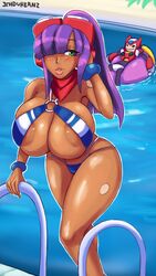 android areola_slip areolae big_breasts bikini blue_swimsuit breast_squish breasts dark_skin getting_out_of_pool green_eyes hair_over_one_eye hand_on_head hand_on_own_head hime_cut ichduhernz ladder layer looking_at_viewer mega_man mega_man_x mega_man_x_dive outside pool purple_hair reploid robot_girl smile swimsuit swimsuit_layer_(x_dive) zero_(mega_man)