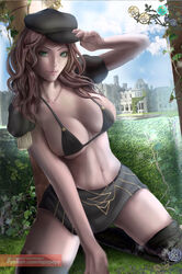 1girls bikini_top bra brown_hair detailed_background dorothea_arnault female fire_emblem fire_emblem:_three_houses green_eyes hat large_breasts lepypepy lips long_hair looking_at_viewer midriff nintendo on_knees outdoors skirt solo thick_lips thighs