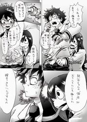 1boy 1girls balls black_and_white blush comic embarrassed embrace freckles frog_girl funny izuku_midoriya japanese_text long_hair long_tongue monochrome my_hero_academia panel pants pants_down pants_pull penis scar school_uniform short_hair student surprised sweat tonguejob translation_request tsuyu_asui u.a._school_uniform wrato