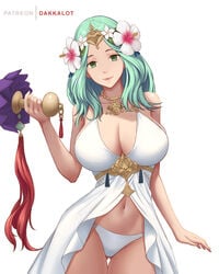 1girls aqua_hair artist_name ass_visible_through_thighs babydoll bare_arms bare_shoulders bikini black_ribbon breasts cleavage collarbone cowboy_shot dakkalot female fire_emblem fire_emblem:_three_houses fire_emblem_heroes flower forehead_protector green_eyes groin hair_flower hair_ornament head_tilt hibiscus holding large_breasts looking_at_viewer lowleg lowleg_bikini navel pink_lips rhea_(fire_emblem) rhea_(summer)_(fire_emblem) ribbon side-tie_bikini simple_background smile solo stomach swimsuit tassel thigh_gap toned white_background white_bikini white_flower