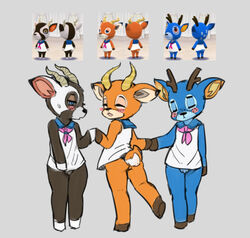 animal_crossing antelope anthro antlers ass bam_(animal_crossing) beau_(animal_crossing) blush bovid cervid clothed clothing crossdressing flaccid gazelle genitals group horn male male/male mammal menhou nintendo penis school_uniform uniform video_games zell_(animal_crossing)