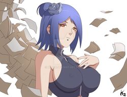 1girls areolae curvy flower kazbr konan large_breasts looking_at_viewer naruto naruto_shippuden nipples orange_eyes origami paper purple_hair sideboob smile solo tight_clothing voluptuous watermark wings