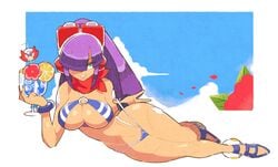 1girls beach beverage big_breasts bikini blue_bikini blue_swimsuit bra breasts clothed clouds cup dark_skin drink female flower food fruit green_eyes hair_over_one_eye highleg highleg_bikini highleg_swimsuit inkerton-kun inkuusan layer looking_at_viewer mega_man mega_man_x mega_man_x_dive outside panties pulling_panties purple_hair red_flower reploid robot robot_girl robot_joints seductive seductive_eyes seductive_look seductive_smile sky smile solo string_bikini swimsuit swimsuit_layer_(x_dive) tease thick_thighs wide_hips wine_glass zero_(mega_man)