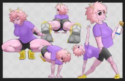 ass back_view big_breasts black_iris black_shorts blue_socks closed_eyes clothed clothes clothing food front_view grey_background grin horns looking_at_viewer looking_back mina_ashido my_hero_academia panty pink_hair pink_skin purple_shirt simple_background solo_female solo_focus stretching yellow_eyes yellow_pupils yellow_shoes yoga