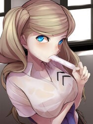 1girls ann_takamaki big_breasts blonde_hair blue_eyes clothed clothed_female clothes clothing eyelashes female female_focus female_only fully_clothed human human_only ice_cream large_breasts long_hair looking_at_viewer naughty_face nemu_(nebusokugimi) pale_skin persona persona_5 school_uniform slim solo solo_female solo_focus sweat twintails uncensored