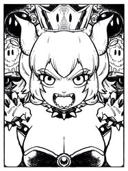 1girls angry armlet black_nails bob-omb bowsette bracelet breasts bullet_bill cleavage clothed collar crown dress earrings eyelashes fangs female female_focus frown fully_clothed genderswap genderswap_(mtf) horns huge_breasts humanoid humanoidized line_art looking_at_viewer mario_(series) monochrome new_super_mario_bros._u_deluxe nintendo paw_pose podoboo rule_63 sharp_fingernails sharp_teeth sidelocks solo_focus spiked_armlet spiked_bracelet spiked_collar super_mario_bros. takumi_watanuki upper_body