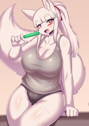 anthro bangs big_breasts bodily_fluids breasts cameltoe canine cleavage clothed clothing cute_fangs eyeshadow female food fox fur hair hi_res high_school_inari_tamamo-chan! holding_food holding_object holding_popsicle leaning leaning_back makeup mammal open_mouth open_smile panties ponytail popsicle red_eyes red_eyeshadow scrunchie shirt side_mouth simple_background smile solo sweat tailzkim tamamo_fushimi tank_top topwear underwear white_body white_fur white_hair