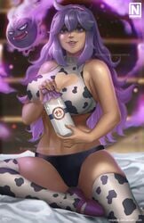 1girls big_breasts black_hair cleavage cleavage_cutout cow_print female female_focus fully_clothed gastly hairband heart_cutout hex_maniac human long_hair milk milk_bottle nintendo nopeys pokemon pokemon_xy purple_eyes purple_hair smile solo_female solo_focus thighhighs