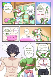 1girls breasts clothing comic ditto female gallade gardei_(lucyfercomic) gardevoir grammatical_error hat legs_together long_hair lucyfercomic nintendo open_mouth original_character pokémon_(species) pokemon pokemon_(species) pokemon_rse shirt shirt_lift skirt text the_professor_(lucyfercomic) topless undressing wide_hips