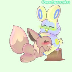 blowjob blowjob_face blue_fur blush blushing brown_fur bunny_ears commission eevee eeveelution furry lime_fur original_character pokémon_(species) pokemon pokemon_rgby rabbit sweetspacecakes_(artist)