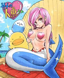 1girls :o adjusting_hair bird blush blush_stickers breasts brown_eyes cleavage collarbone dorsal_fin duck eyelashes female female_only heart heart_pasties highres huge_breasts long_hair looking_up merfolk mermaid monster_girl original pasties perky_breasts pink_hair pink_heart_pasties pink_pasties posing shark shark_girl shark_tail sitting sparkles split_form takumi_watanuki very_long_hair