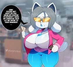 1girls angry animal_ears anthro beauty_mark big_breasts blue_lipstick breasts buttons cat_ears cleavage clothed clothed_female clothing colored coupon curvy dialogue english_dialogue english_text female female_only frown fully_clothed fur furry furry_only glasses grey_hair hair huge_breasts jacket jeans karen karen_temmie large_breasts lips lipstick long_ears meme necklace open_clothes open_jacket phone short_hair slightly_chubby solo solo_female somescrub standing tail temmie temren_(jyto) text thick_thighs tight_clothing twitter_username undertale undertale_(series) voluptuous watermark white_skin