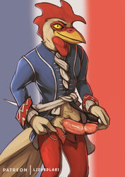 2020 absurd_res anthro avian bastille_day beak bird bodily_fluids chicken clothing erection front_view galliform gallus_(genus) genital_fluids genitals hi_res humanoid_genitalia humanoid_penis lizardlars male male_only penis phasianid precum simple_background solo standing unzipped vein veiny_penis