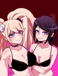 2girls big_breasts black_bra blonde_hair blue_eyes blush choker crossed_arms danganronpa dark_hair embarrassed freckles gyaru hair_between_eyes hairclip hand_behind_head junko_enoshima kokomi long_hair medium_breasts mukuro_ikusaba multiple_girls navel nude picot_trim picot_trim_bra selfie short_hair sisters smile straight_hair sweat twin_sisters twins twintails underwear