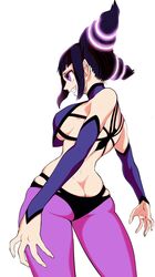 1girls ass ass_cleavage bangs black_hair blunt_bangs breasts butt_crack capcom clothed cowboy_shot curvy detached_sleeves dimples_of_venus drill_hair evil_grin female female_only halterneck human juri_han large_breasts leggings pink_eyes purple_hair side_view sideboob sidelocks simple_background skimpy skindentation smile solo standing street_fighter street_fighter_iv takumi_watanuki twin_drills white_background