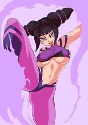 1girls bangs black_hair blunt_bangs breasts capcom clothed curvy cute_fang drill_hair eyelashes female female_only front_view halterneck human juri_han kicking large_breasts leggings navel on_one_leg pink_eyes sidelocks skindentation smile solo standing standing_on_one_leg street_fighter street_fighter_iv takumi_watanuki thick_thighs toned toned_female tongue tongue_out twin_drills underboob