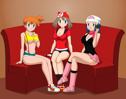 3girls big_breasts breasts clothing dawn_(pokemon) female female_only jimryu kasumi_(pokemon) looking_at_viewer looking_pleasured may_(pokemon) multiple_girls pokemon shoes skirt sneakers