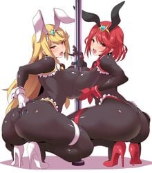 2_bodysuits 2girls ahoge animal_ears anime_style ass ass_grab blonde_hair blue_nails blush bodysuit breast_press breasts bunny_ears curvaceous curvy deep_skin dual_persona earrings easter favorite female female_only fingerless_gloves gloves high_heels highleg highleg_leotard highres huge_ass huge_breasts jewelry konno_tohiro large_breasts leotard long_hair looking_at_viewer looking_back multiple_girls mythra nail_polish nintendo open_mouth orange_eyes pole pyra red_eyes red_footwear red_hair sexually_suggestive shiny shiny_clothes shiny_hair shiny_skin short_hair sideboob smile squatting symmetrical_docking thigh_strap thong_leotard tiara very_long_hair white_background white_footwear xenoblade_(series) xenoblade_chronicles_2 yellow_eyes