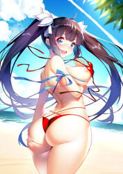 1girls :d absurdres ahoge areola areola_slip arm_ribbon arm_under_breasts ass ass_cleavage ass_grab back bangs bare_shoulders beach bikini black_hair blue_eyes blue_ribbon blue_sky blunt_bangs blush breasts butt_crack cloud condensation_trail cowboy_shot day deep_skin dungeon_ni_deai_wo_motomeru_no_wa_machigatteiru_darou_ka eyebrows_visible_through_hair female from_behind grabbing_own_thigh hair_ribbon hestia_(danmachi) highres huge_ass large_breasts long_hair long_twintails looking_at_viewer looking_back multi-strapped_bikini niccya ocean open_mouth outdoors palm_tree red_bikini rei_no_himo ribbon sand shiny shiny_hair shiny_skin shoulder_blades sideboob sidelocks skindentation sky smile solo thigh_gap thighs tongue tree twintails upper_teeth very_long_hair wardrobe_malfunction water