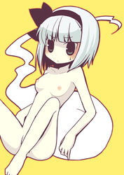 1girls barefoot black_eyes blush breasts feet female ghost hairband hitodama myon nipples nude ribbon silver_hair solo touhou youmu_konpaku youmu_konpaku_(ghost) yuzuki_gao