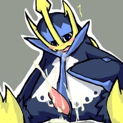 blue_eyes blush color cum empoleon erection feral front_view male male_only penis pokemon sitting solo tagme