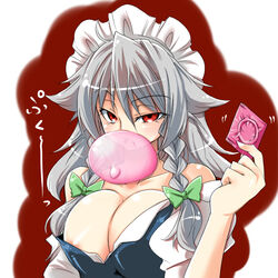 areola_slip areolae bangs blush body_blush bow braid breast_squeeze breasts bust cleavage clothes_down collarbone condom condom_in_mouth female female_only hairbow headband huge_breasts human inflated_condom large_breasts looking_at_viewer maid maid_headdress mouth_hold naughty_face nipple_slip nipples off_shoulder open_clothes open_shirt red_background red_eyes sakuya_izayoi shiny shiny_clothes shiny_hair shiny_skin shirt silver_hair solo tajima_yuuki the_embodiment_of_scarlet_devil touhou twin_braids