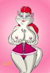 an_american_tail anthro breast_grab breasts cat clothes corset feline female female_only front_view fur furry_breasts furry_ears furry_tail hair huge_breasts mammal red_hair solo sophia_kitty tagme tail white_fur