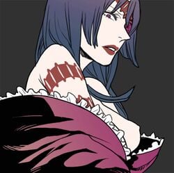 adiane blue_hair breasts eye_patch frills lipstick long_hair lowres makeup nipple_slip nipples sideboob takase_(harakiri) tattoo tengen_toppa_gurren-lagann tengen_toppa_gurren_lagann