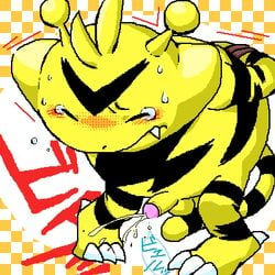 antennae black_fur blush bound claws closed_eyes closed_mouth color cum cute_fang electabuzz erection front_view fur furry_tail male male_only nude penis pokemon solo sweat tail tear testicles yellow_fur