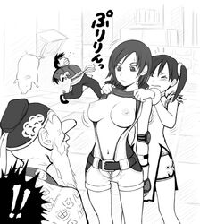 >_< 2boys 2girls areola black_and_white breasts busty dragon_ball exposure kazama_asuka lei_wulong ling_xiaoyu master_roshi monochrome multiple_boys multiple_girls navel nipples old_man parody pig ponytail shirt_lift straight_hair tekken tied_hair twintails wang_jinrei