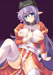 arm_support blue_eyes blush bondage breasts collar deviruchi_hat elf erect_nipples female hat high_priest kawase_seiki long_hair looking_at_viewer nipples no_panties pointy_ears purple_hair ragnarok_online see-through sitting slave solo thighhighs white_legwear