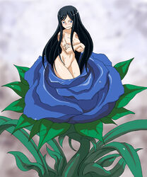 1girls alraune alura_une angry black_hair blue_eyes blush branzent breasts castlevania castlevania:_order_of_ecclesia covering covering_breasts embarrassed female female_only flower long_hair monster_girl nude nude_cover plant plant_transformation rose shanoa solo solo_female transformation venus_weed very_long_hair