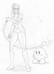 black_and_white blush_stickers dd64 female_focus kirby kirby_(series) metroid monochrome nintendo ponytail samus_aran sketch super_smash_bros. whip zero_suit