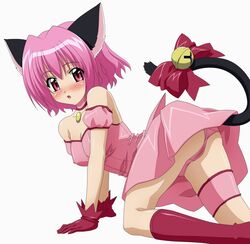 all_fours animal_ears arm_garter ass bell blush bow cat_ears cat_tail choker female garters gloves highres ichigo_momomiya jingle_bell jinglebell leotard magical_girl panties pink_eyes pink_hair pink_panties short_hair solo sugimura_tomokazu tail tail_bell tokyo_mew_mew underwear