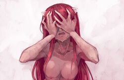 1girls breasts bust crying elfen_lied faux_traditional_media female hand_on_face hands_on_own_face horns kayou_(artist) long_hair lucy_(elfen_lied) nude open_mouth pink_hair sad solo tear topless