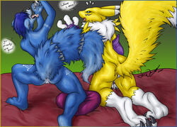 2008 anthro anus ass back_view barefoot black_nose blue_fur blue_hair breasts claws color crossover dialog digimon english_text female female_only forceswerwolf fox fur furry furry_ass furry_breasts furry_ears furry_tail gomamon hair interspecies kneeling krystal multiple_females nude open_mouth pointy_ears raised_tail renamon short_hair star_fox tail text tongue vore vulva white_fur yellow_fur