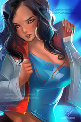 1girls aged_up alternate_version_available america_chavez brown_body brown_eyes brown_lips brown_skin clothed clothing customwaifus dark-skinned_female dark_skin ear_piercing earrings eyelashes eyes female female_focus female_only hoop_earrings jacket latina lips looking_at_viewer marvel marvel_comics mature_female mature_woman miss_america miss_america_chavez piercing pinup seductive seductive_eyes seductive_look signature solo solo_female watermark western western_art