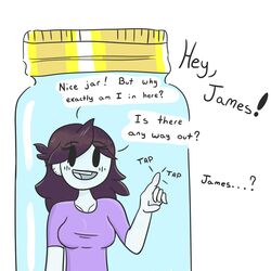 1girls affinityreject bukkataro clothed cum_jar cum_jar_(meme) female implied_cum_jar in_container jaiden jaiden_animations jaidenanimations jar meme tagme theodd1sout youtube youtuber