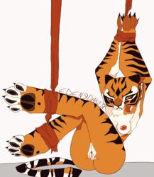 3_fingers 4_toes annoyed anthro arms_above_head ass bondage bondage bound breasts dreamworks eden_9_dakota feet felid female fingers foot_focus genitals hands_tied hi_res hindpaw kung_fu_panda legs_tied legs_up mammal master_tigress nails pantherine pawpads paws pussy red_eyes ribbon_bondage ribbons solo stripes tiger toes