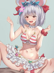 1boy animal_ears bangs bare_shoulders bikini blush breasts censored choker clenched_hands clothed_female_nude_male clothed_sex cowgirl_position cowgirl_position eyebrows_visible_through_hair fake_animal_ears female frilled_skirt frills granblue_fantasy hair_ornament hairclip highres kurowan mosaic_censoring mouse_ears navel nude open_mouth penis pussy red_eyes sex short_hair skirt smile solo_focus spread_legs star-shaped_eyewear straddling straight striped striped_bikini swimsuit vaginal_penetration vikala_(granblue_fantasy) white_skirt