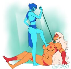 acidsticky blue_skin domination feet female_only jasper_(steven_universe) lapis_lazuli_(steven_universe) leash naked orange_skin steven_universe yuri