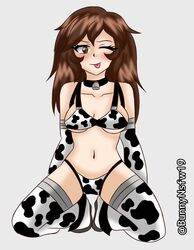 1girls cow_girl cow_print cowbell eye_closed looking_at_viewer nita-nsfw nita_(nita-nsfw) small_breasts smiling smiling_at_viewer sole_female thick_thighs thighhighs tongue_out