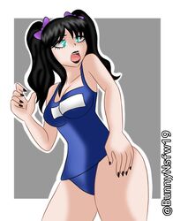 aqua_eyes big_breasts black_hair black_lipstick black_nail_polish hairbow nita-nsfw original_character school_swimsuit swimsuit twintails