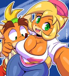 1boy 1girls activision blonde_hair breast_press breasts brother_and_sister cellphone cleavage clothed coco_bandicoot crash_(series) crash_bandicoot electronics furry green_eyes hi_res incest joaoppereiraus large_breasts phone selfie smartphone totally_tubular_coco