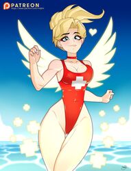 1girls big_breasts blizzard_entertainment breasts cleavage female female_only large_breasts lifeguard looking_at_viewer mercy one-piece_swimsuit overwatch pinup rodjim solo swimsuit