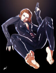 1girls barefoot black_widow_(marvel) bodysuit breasts brown_hair cleavage clothed clothing feet female female_only foot_fetish foot_focus gun hair human human_only light-skinned_female light_body light_skin looking_at_viewer mammal marvel marvel_comics natasha_romanoff ranged_weapon red_hair s.h.i.e.l.d. scamwich skinsuit soles solo solo_female tight_clothing toes unzipped unzipped_bodysuit weapon zipper