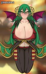 big_breasts blush breasts breasts_bigger_than_head clothed clothing demon_girl demon_horns grand_summoners green_hair haxial horns huge_breasts large_breasts long_hair massive_breasts riviera riviera_(grand_summoners) suit tagme yellow_eyes