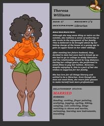 afro big_ass big_breasts big_butt black_hair busty cleavage curly_hair cute dark-skinned_female earrings female female_only flats hair_over_one_eye information jumper married_woman one_eye_covered original original_character shorts solo theresa_williams_(wappah) thick_thighs voluptuous wappah