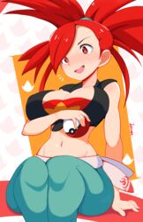 big_breasts blush cleavage clothed_female embarrassed female female_focus female_only flannery_(pokemon) flannery_(pokemon_oras) jeans jellcaps long_hair nintendo pokemon red_eyes red_hair smile solo solo_female solo_focus